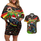 Merry Christmas Penrith Panthers Couples Matching Off Shoulder Short Dress and Hawaiian Shirt Aboriginal Santa Rugby Mascot - The Riff