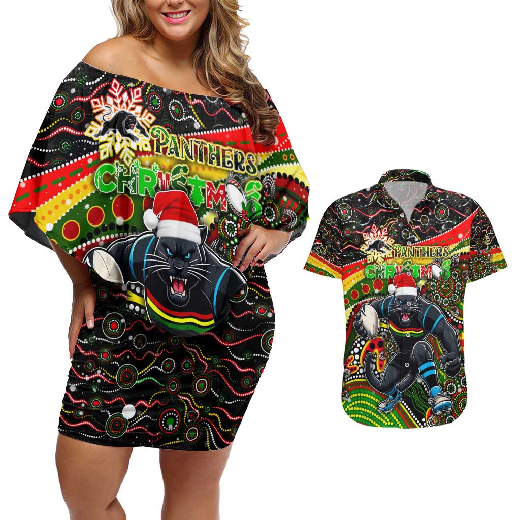 Merry Christmas Penrith Panthers Couples Matching Off Shoulder Short Dress and Hawaiian Shirt Aboriginal Santa Rugby Mascot - The Riff