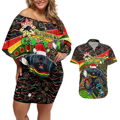 Merry Christmas Penrith Panthers Couples Matching Off Shoulder Short Dress and Hawaiian Shirt Aboriginal Santa Rugby Mascot - The Riff