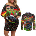 Merry Christmas Penrith Panthers Couples Matching Off Shoulder Short Dress and Long Sleeve Button Shirt Aboriginal Santa Rugby Mascot - The Riff