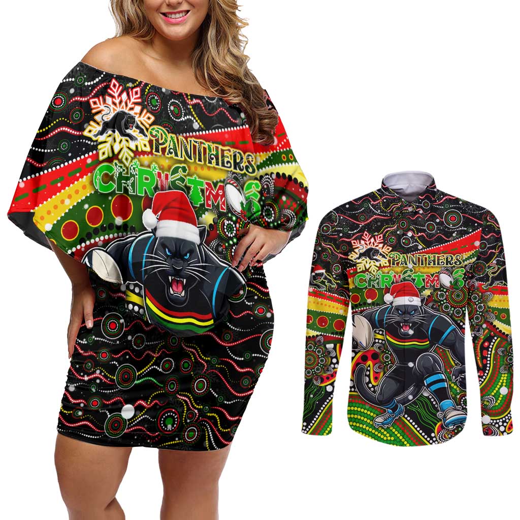 Merry Christmas Penrith Panthers Couples Matching Off Shoulder Short Dress and Long Sleeve Button Shirt Aboriginal Santa Rugby Mascot - The Riff