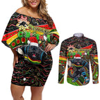Merry Christmas Penrith Panthers Couples Matching Off Shoulder Short Dress and Long Sleeve Button Shirt Aboriginal Santa Rugby Mascot - The Riff