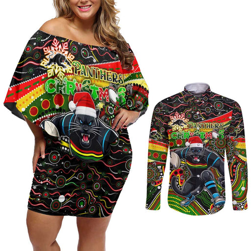 Merry Christmas Penrith Panthers Couples Matching Off Shoulder Short Dress and Long Sleeve Button Shirt Aboriginal Santa Rugby Mascot - The Riff