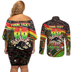 Merry Christmas Penrith Panthers Couples Matching Off Shoulder Short Dress and Long Sleeve Button Shirt Aboriginal Santa Rugby Mascot - The Riff