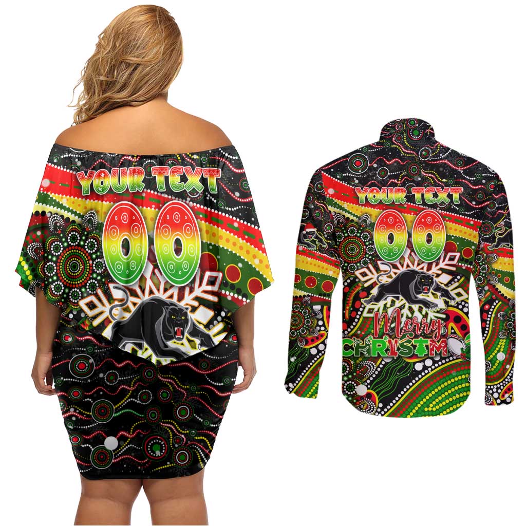 Merry Christmas Penrith Panthers Couples Matching Off Shoulder Short Dress and Long Sleeve Button Shirt Aboriginal Santa Rugby Mascot - The Riff