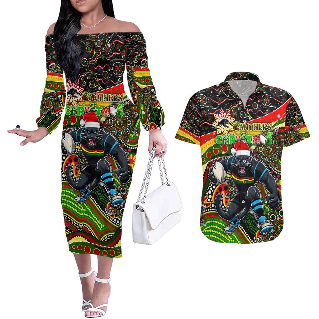 Merry Christmas Penrith Panthers Couples Matching Off The Shoulder Long Sleeve Dress and Hawaiian Shirt Aboriginal Santa Rugby Mascot - The Riff