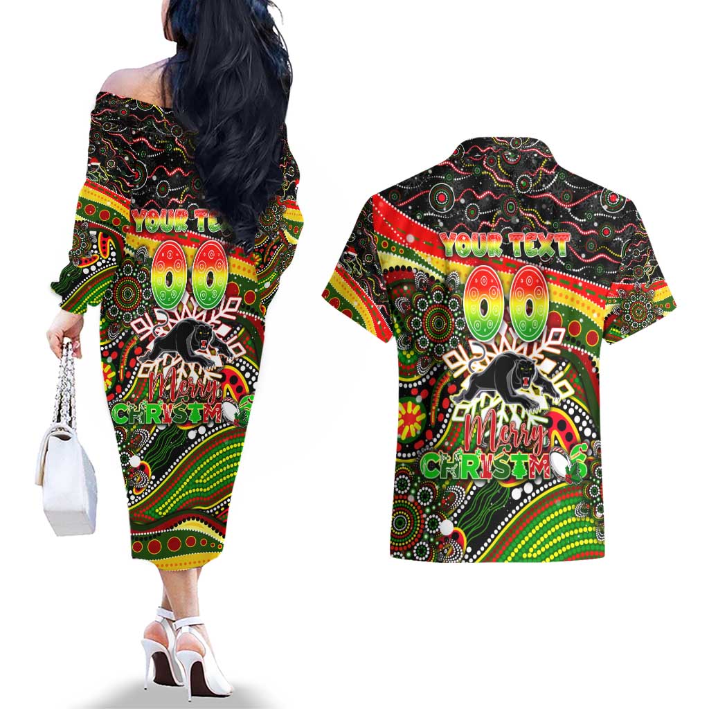 Merry Christmas Penrith Panthers Couples Matching Off The Shoulder Long Sleeve Dress and Hawaiian Shirt Aboriginal Santa Rugby Mascot - The Riff