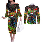 Merry Christmas Penrith Panthers Couples Matching Off The Shoulder Long Sleeve Dress and Long Sleeve Button Shirt Aboriginal Santa Rugby Mascot - The Riff