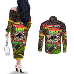 Merry Christmas Penrith Panthers Couples Matching Off The Shoulder Long Sleeve Dress and Long Sleeve Button Shirt Aboriginal Santa Rugby Mascot - The Riff