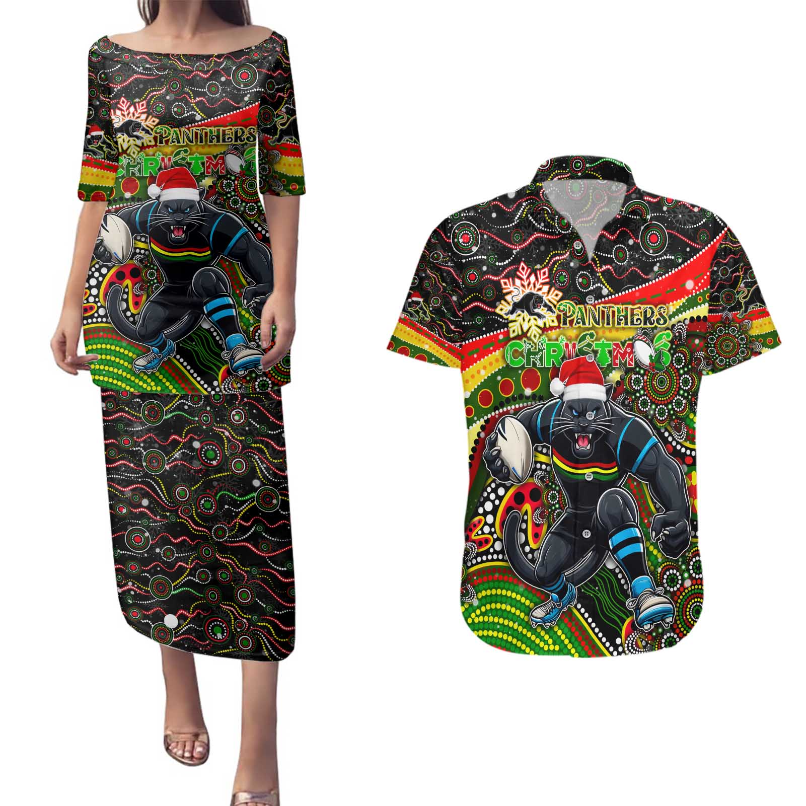 Merry Christmas Penrith Panthers Couples Matching Puletasi and Hawaiian Shirt Aboriginal Santa Rugby Mascot - The Riff