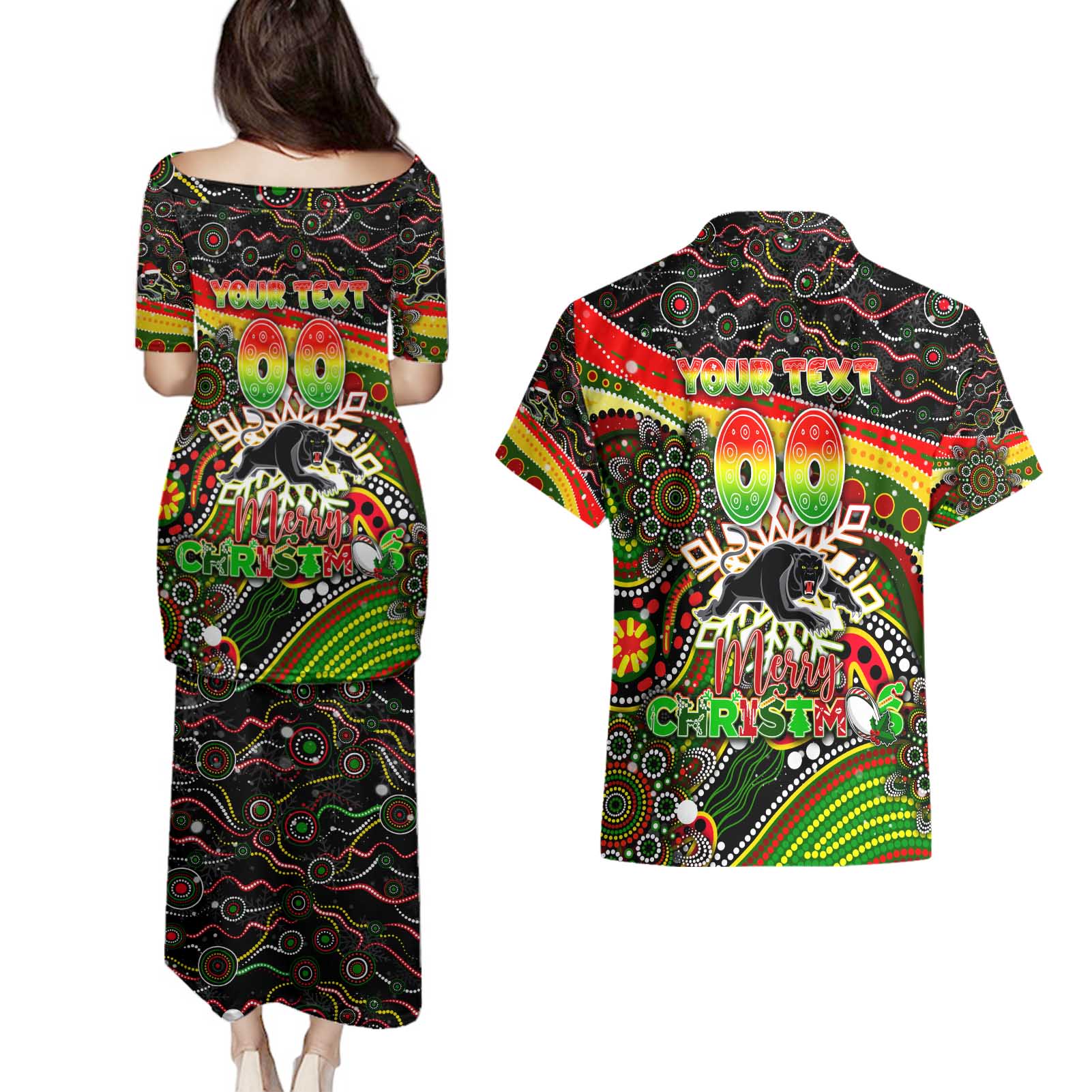 Merry Christmas Penrith Panthers Couples Matching Puletasi and Hawaiian Shirt Aboriginal Santa Rugby Mascot - The Riff