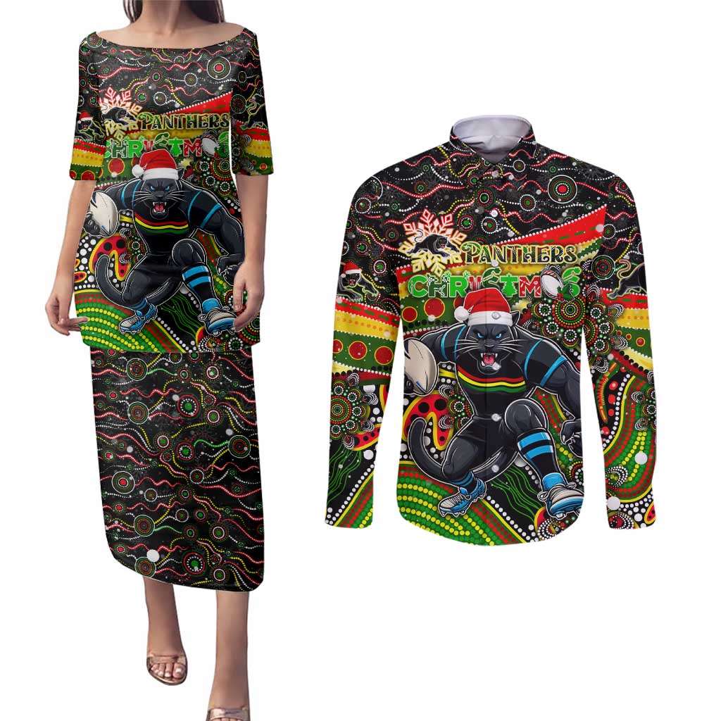 Merry Christmas Penrith Panthers Couples Matching Puletasi and Long Sleeve Button Shirt Aboriginal Santa Rugby Mascot - The Riff