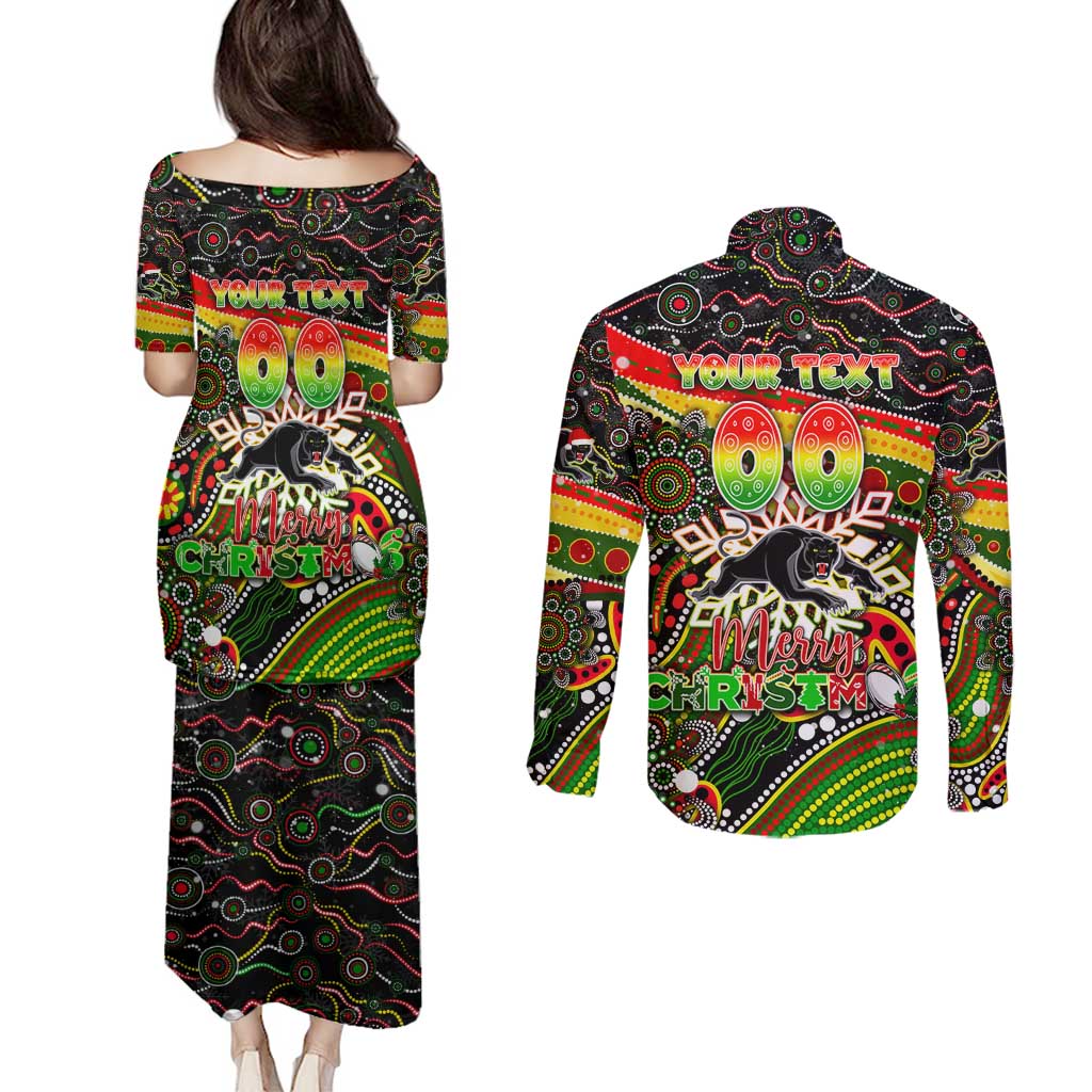 Merry Christmas Penrith Panthers Couples Matching Puletasi and Long Sleeve Button Shirt Aboriginal Santa Rugby Mascot - The Riff