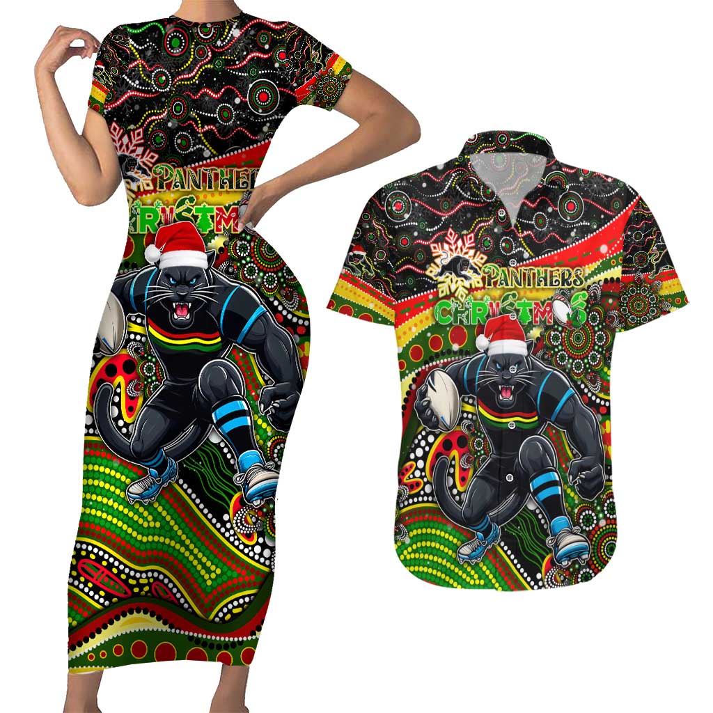 Merry Christmas Penrith Panthers Couples Matching Short Sleeve Bodycon Dress and Hawaiian Shirt Aboriginal Santa Rugby Mascot - The Riff