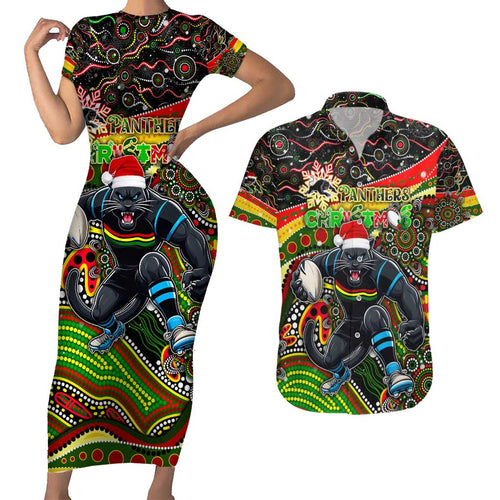 Merry Christmas Penrith Panthers Couples Matching Short Sleeve Bodycon Dress and Hawaiian Shirt Aboriginal Santa Rugby Mascot - The Riff