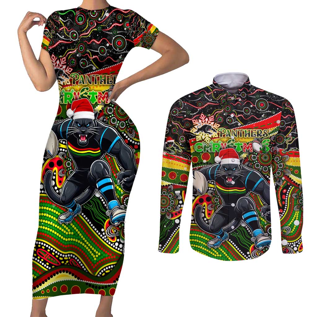 Merry Christmas Penrith Panthers Couples Matching Short Sleeve Bodycon Dress and Long Sleeve Button Shirt Aboriginal Santa Rugby Mascot - The Riff