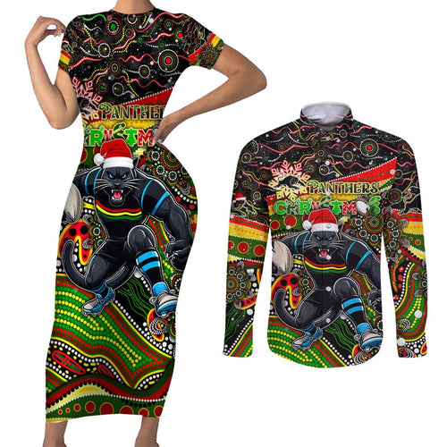 Merry Christmas Penrith Panthers Couples Matching Short Sleeve Bodycon Dress and Long Sleeve Button Shirt Aboriginal Santa Rugby Mascot - The Riff