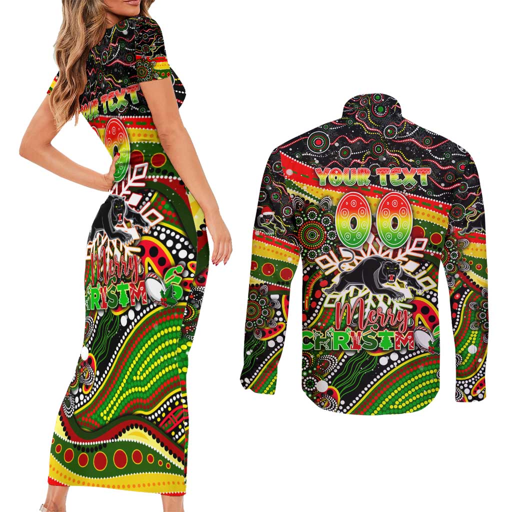 Merry Christmas Penrith Panthers Couples Matching Short Sleeve Bodycon Dress and Long Sleeve Button Shirt Aboriginal Santa Rugby Mascot - The Riff