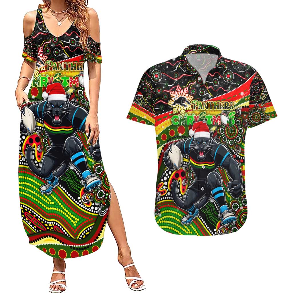 Merry Christmas Penrith Panthers Couples Matching Summer Maxi Dress and Hawaiian Shirt Aboriginal Santa Rugby Mascot - The Riff