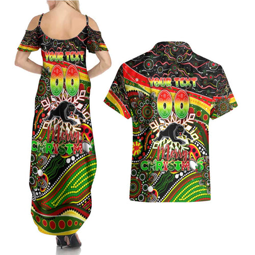 Merry Christmas Penrith Panthers Couples Matching Summer Maxi Dress and Hawaiian Shirt Aboriginal Santa Rugby Mascot - The Riff