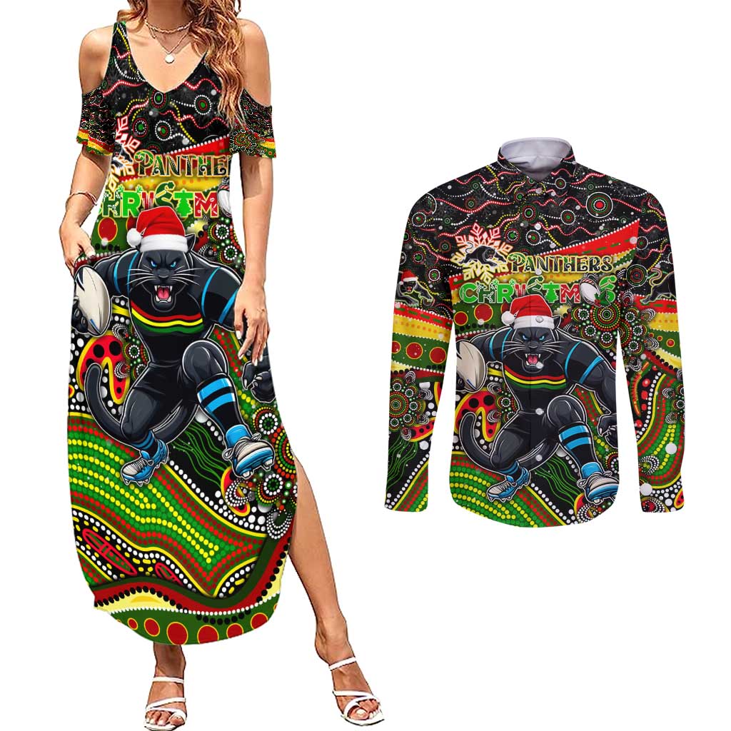 Merry Christmas Penrith Panthers Couples Matching Summer Maxi Dress and Long Sleeve Button Shirt Aboriginal Santa Rugby Mascot - The Riff