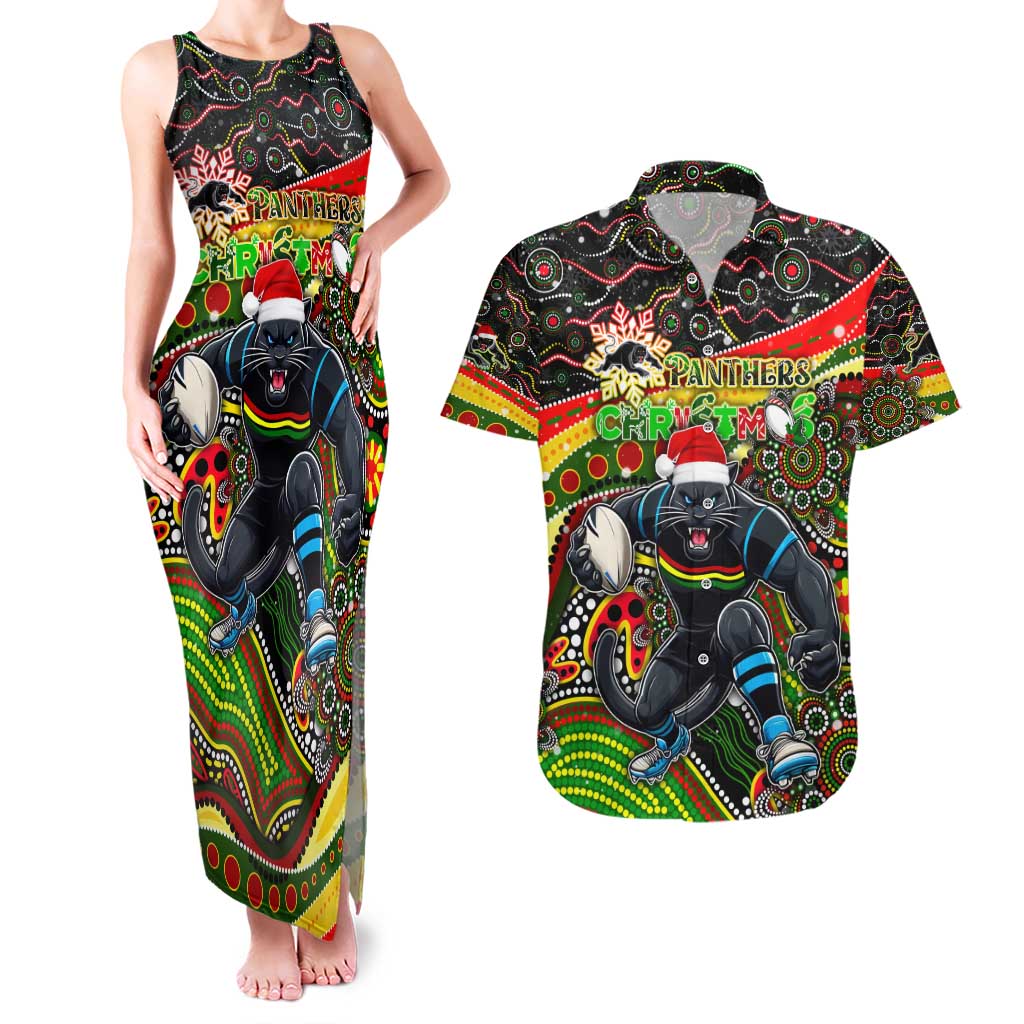 Merry Christmas Penrith Panthers Couples Matching Tank Maxi Dress and Hawaiian Shirt Aboriginal Santa Rugby Mascot - The Riff