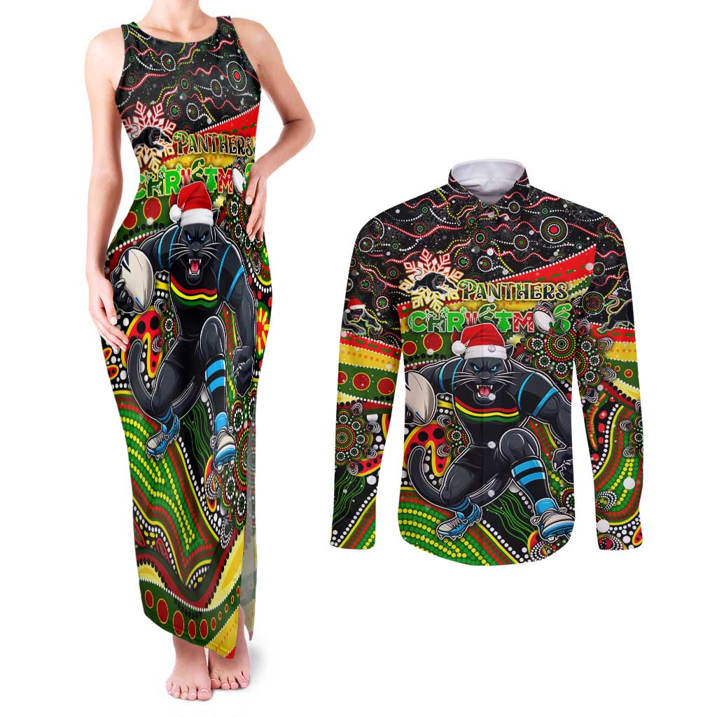 Merry Christmas Penrith Panthers Couples Matching Tank Maxi Dress and Long Sleeve Button Shirt Aboriginal Santa Rugby Mascot - The Riff