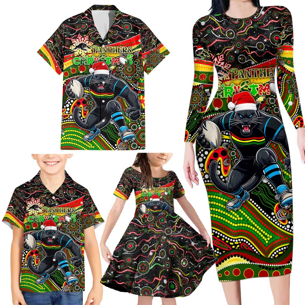 Merry Christmas Penrith Panthers Family Matching Long Sleeve Bodycon Dress and Hawaiian Shirt Aboriginal Santa Rugby Mascot - The Riff