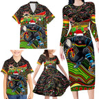 Merry Christmas Penrith Panthers Family Matching Long Sleeve Bodycon Dress and Hawaiian Shirt Aboriginal Santa Rugby Mascot - The Riff