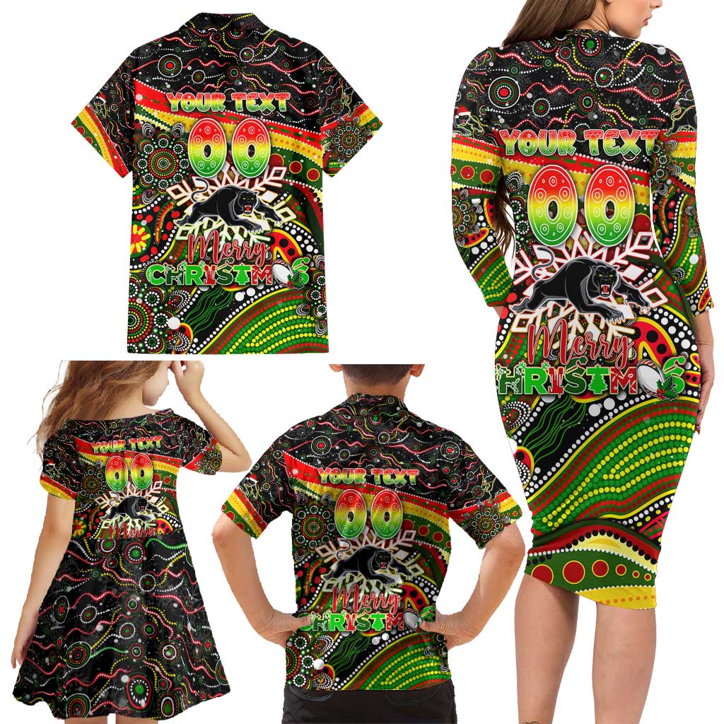 Merry Christmas Penrith Panthers Family Matching Long Sleeve Bodycon Dress and Hawaiian Shirt Aboriginal Santa Rugby Mascot - The Riff