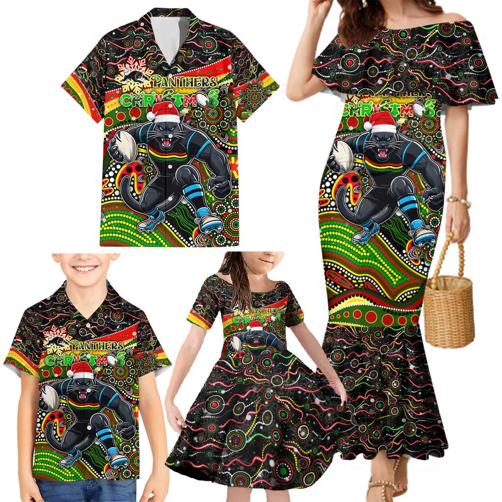 Merry Christmas Penrith Panthers Family Matching Mermaid Dress and Hawaiian Shirt Aboriginal Santa Rugby Mascot - The Riff