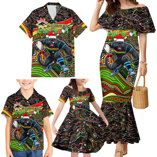 Merry Christmas Penrith Panthers Family Matching Mermaid Dress and Hawaiian Shirt Aboriginal Santa Rugby Mascot - The Riff