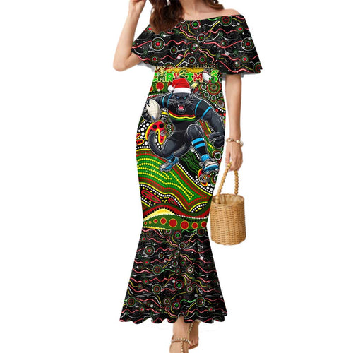Merry Christmas Penrith Panthers Family Matching Mermaid Dress and Hawaiian Shirt Aboriginal Santa Rugby Mascot - The Riff