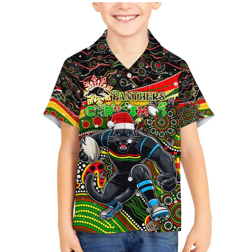 Merry Christmas Penrith Panthers Family Matching Mermaid Dress and Hawaiian Shirt Aboriginal Santa Rugby Mascot - The Riff