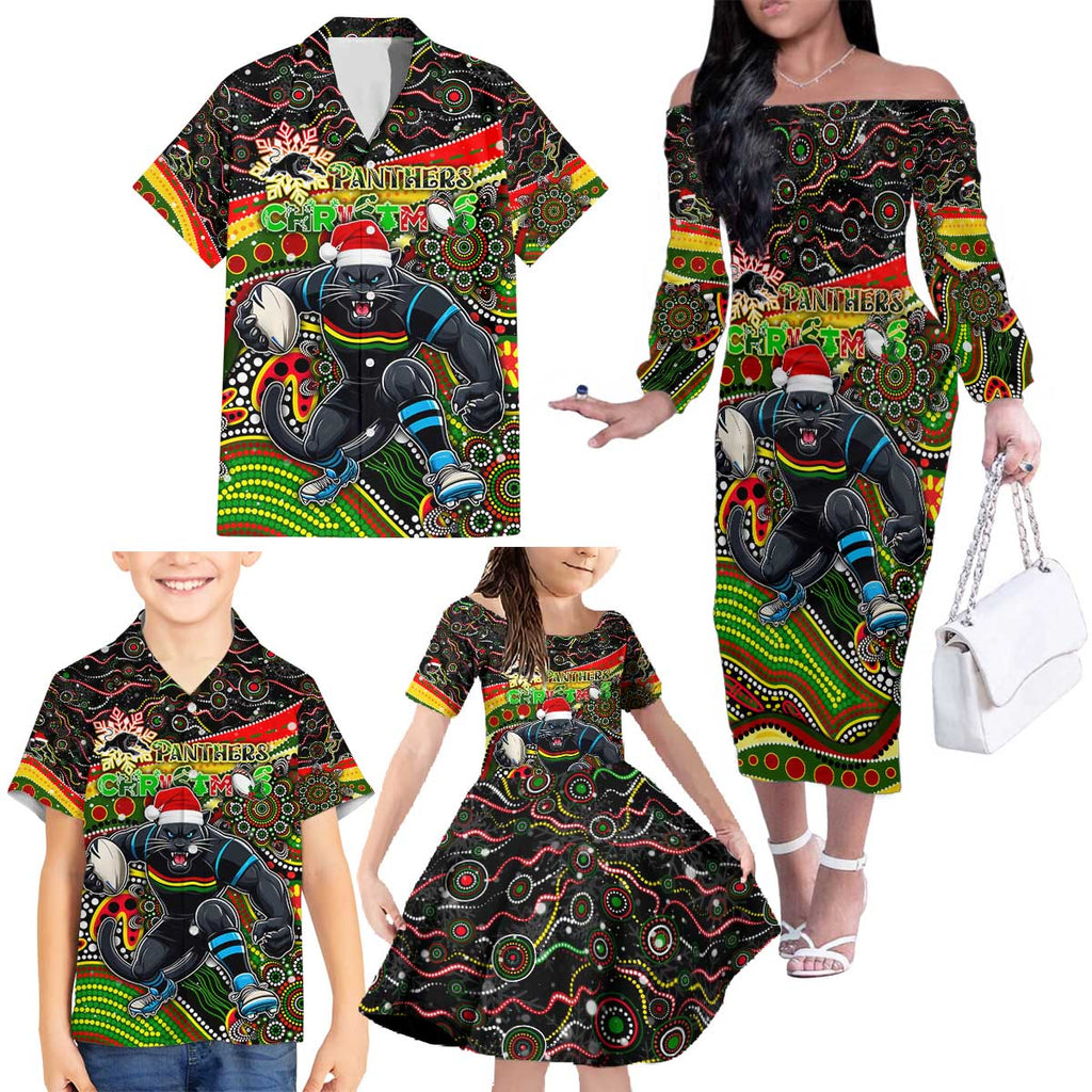 Merry Christmas Penrith Panthers Family Matching Off The Shoulder Long Sleeve Dress and Hawaiian Shirt Aboriginal Santa Rugby Mascot - The Riff