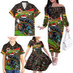 Merry Christmas Penrith Panthers Family Matching Off The Shoulder Long Sleeve Dress and Hawaiian Shirt Aboriginal Santa Rugby Mascot - The Riff