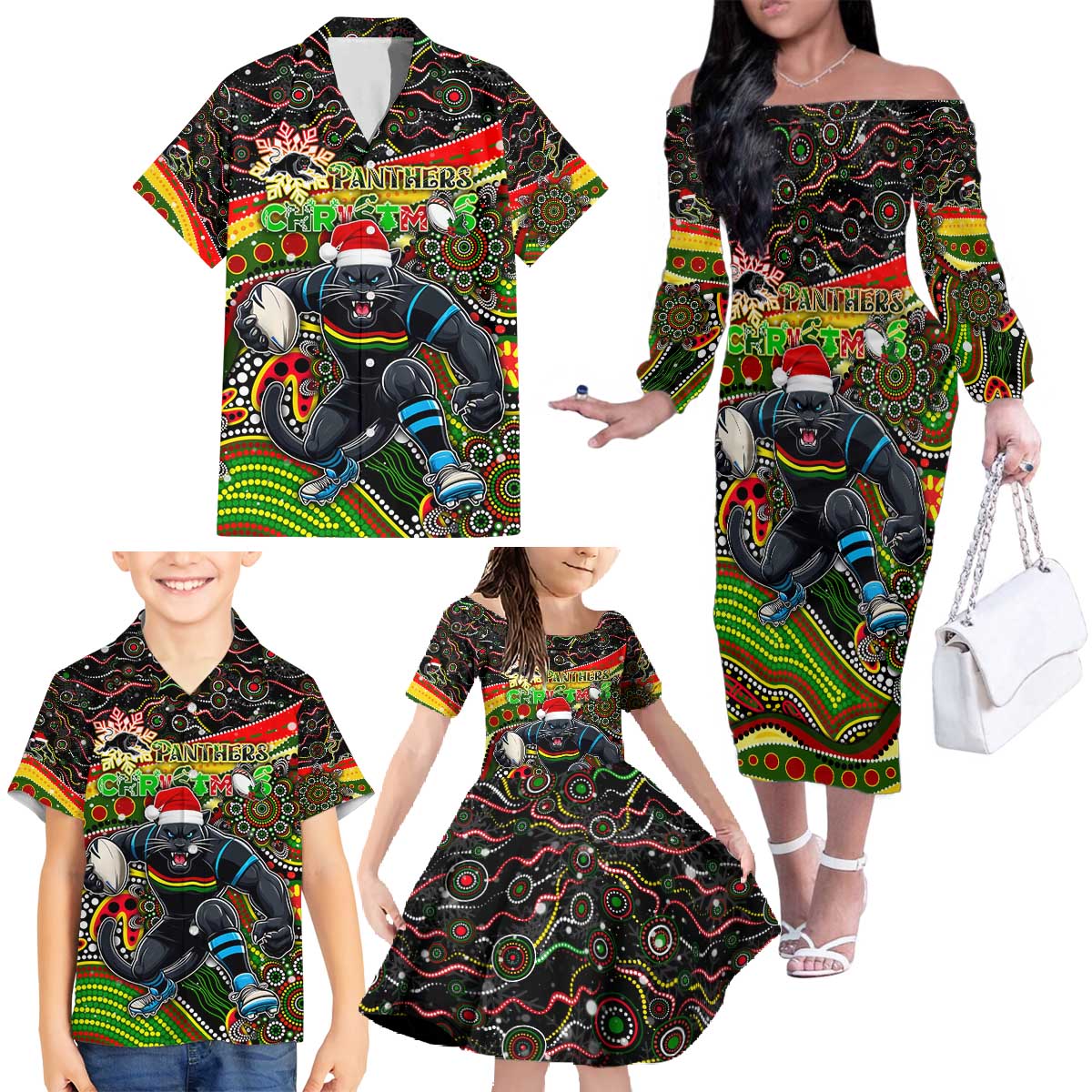Merry Christmas Penrith Panthers Family Matching Off The Shoulder Long Sleeve Dress and Hawaiian Shirt Aboriginal Santa Rugby Mascot - The Riff