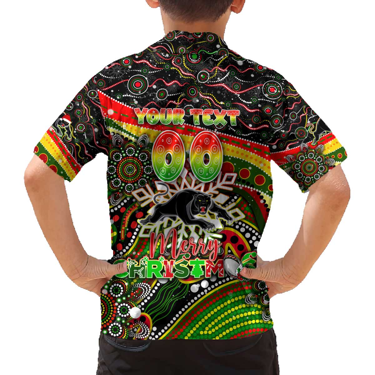 Merry Christmas Penrith Panthers Family Matching Off The Shoulder Long Sleeve Dress and Hawaiian Shirt Aboriginal Santa Rugby Mascot - The Riff