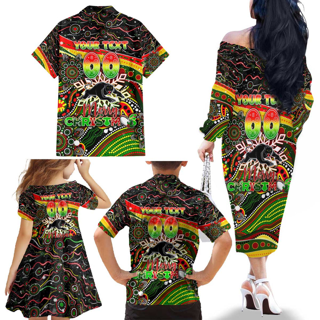 Merry Christmas Penrith Panthers Family Matching Off The Shoulder Long Sleeve Dress and Hawaiian Shirt Aboriginal Santa Rugby Mascot - The Riff
