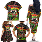 Merry Christmas Penrith Panthers Family Matching Off The Shoulder Long Sleeve Dress and Hawaiian Shirt Aboriginal Santa Rugby Mascot - The Riff