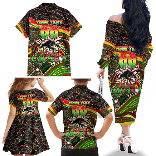 Merry Christmas Penrith Panthers Family Matching Off The Shoulder Long Sleeve Dress and Hawaiian Shirt Aboriginal Santa Rugby Mascot - The Riff