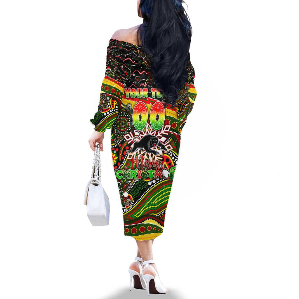 Merry Christmas Penrith Panthers Family Matching Off The Shoulder Long Sleeve Dress and Hawaiian Shirt Aboriginal Santa Rugby Mascot - The Riff