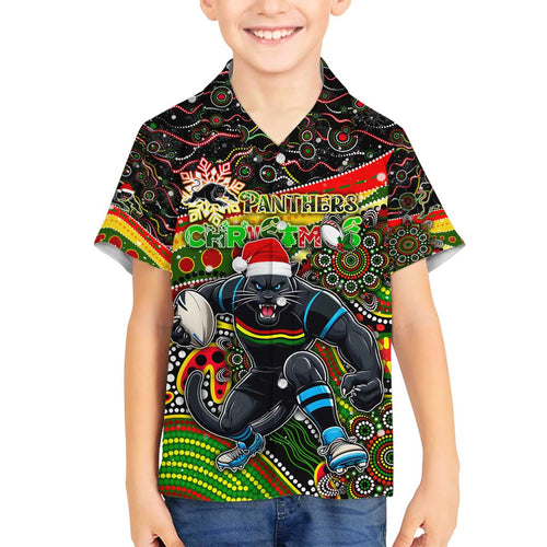 Merry Christmas Penrith Panthers Family Matching Off The Shoulder Long Sleeve Dress and Hawaiian Shirt Aboriginal Santa Rugby Mascot - The Riff