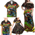 Merry Christmas Penrith Panthers Family Matching Off Shoulder Maxi Dress and Hawaiian Shirt Aboriginal Santa Rugby Mascot - The Riff