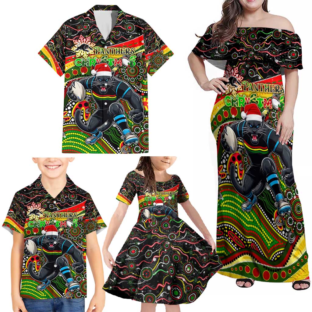 Merry Christmas Penrith Panthers Family Matching Off Shoulder Maxi Dress and Hawaiian Shirt Aboriginal Santa Rugby Mascot - The Riff