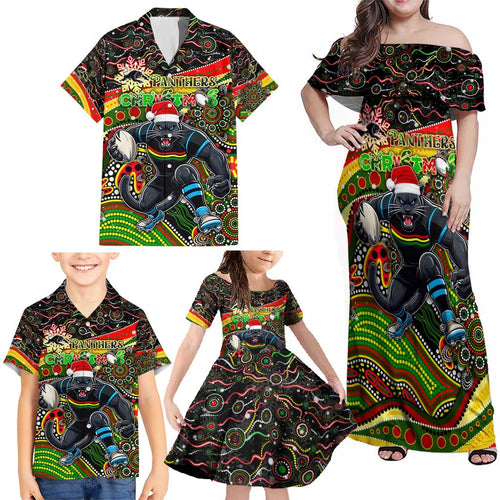 Merry Christmas Penrith Panthers Family Matching Off Shoulder Maxi Dress and Hawaiian Shirt Aboriginal Santa Rugby Mascot - The Riff
