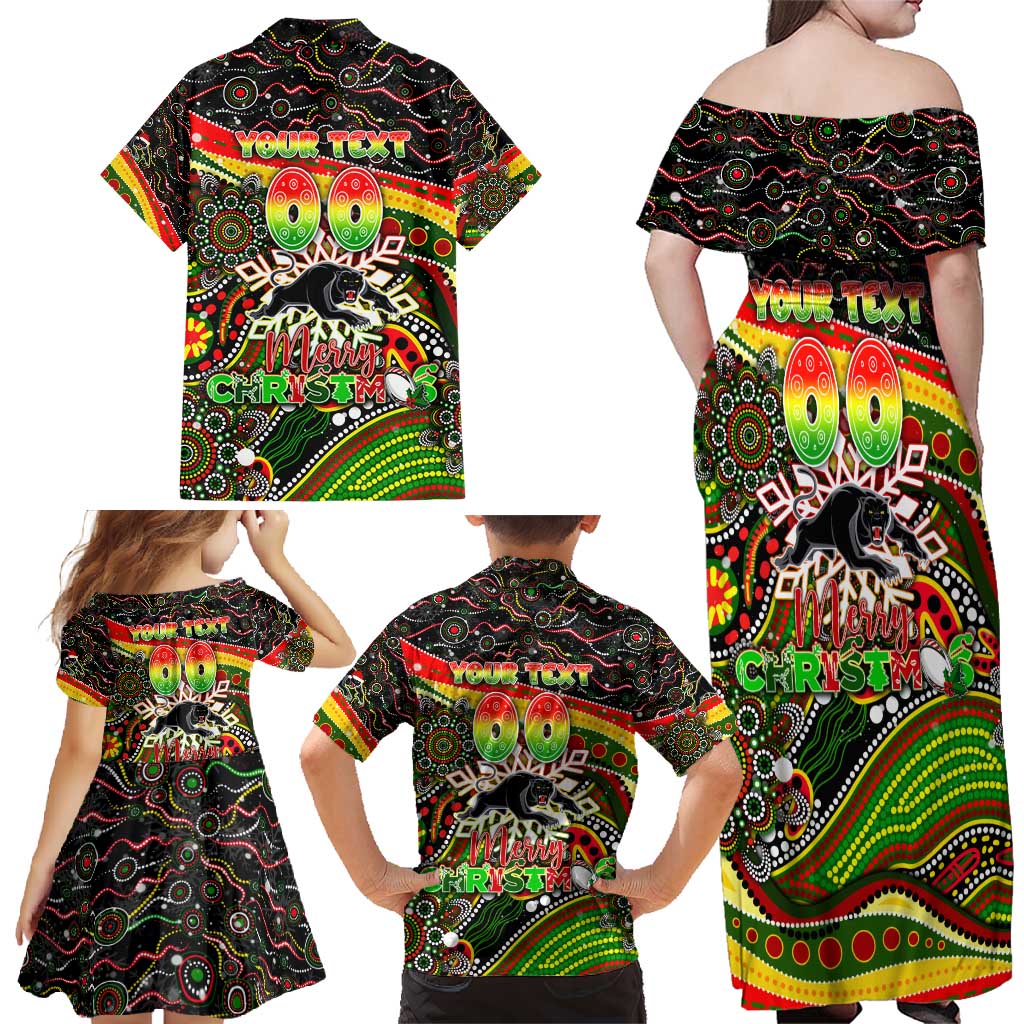 Merry Christmas Penrith Panthers Family Matching Off Shoulder Maxi Dress and Hawaiian Shirt Aboriginal Santa Rugby Mascot - The Riff