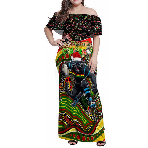 Merry Christmas Penrith Panthers Family Matching Off Shoulder Maxi Dress and Hawaiian Shirt Aboriginal Santa Rugby Mascot - The Riff
