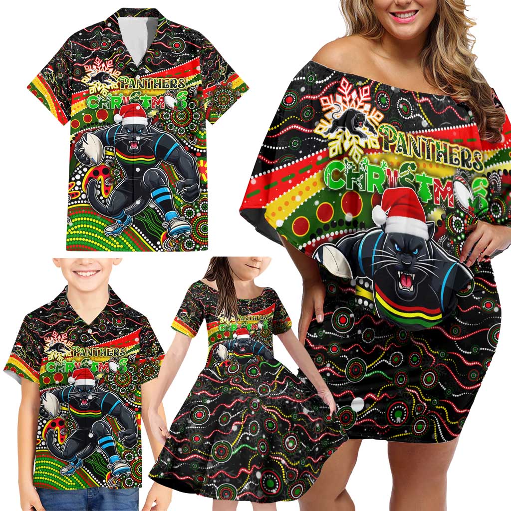 Merry Christmas Penrith Panthers Family Matching Off Shoulder Short Dress and Hawaiian Shirt Aboriginal Santa Rugby Mascot - The Riff