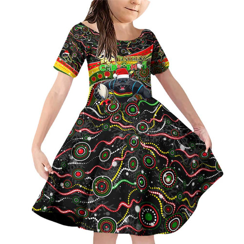 Merry Christmas Penrith Panthers Family Matching Off Shoulder Short Dress and Hawaiian Shirt Aboriginal Santa Rugby Mascot - The Riff